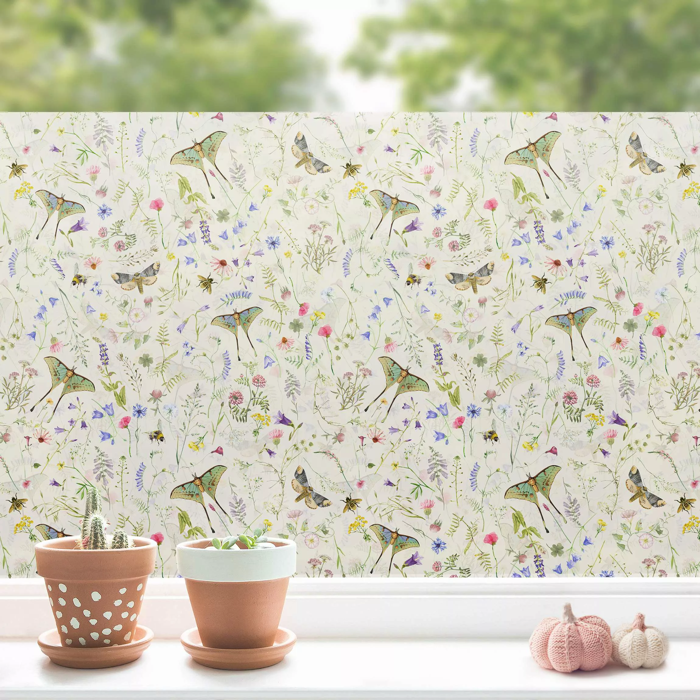 Fensterfolie Schmetterlinge mit Blumen auf Creme günstig online kaufen