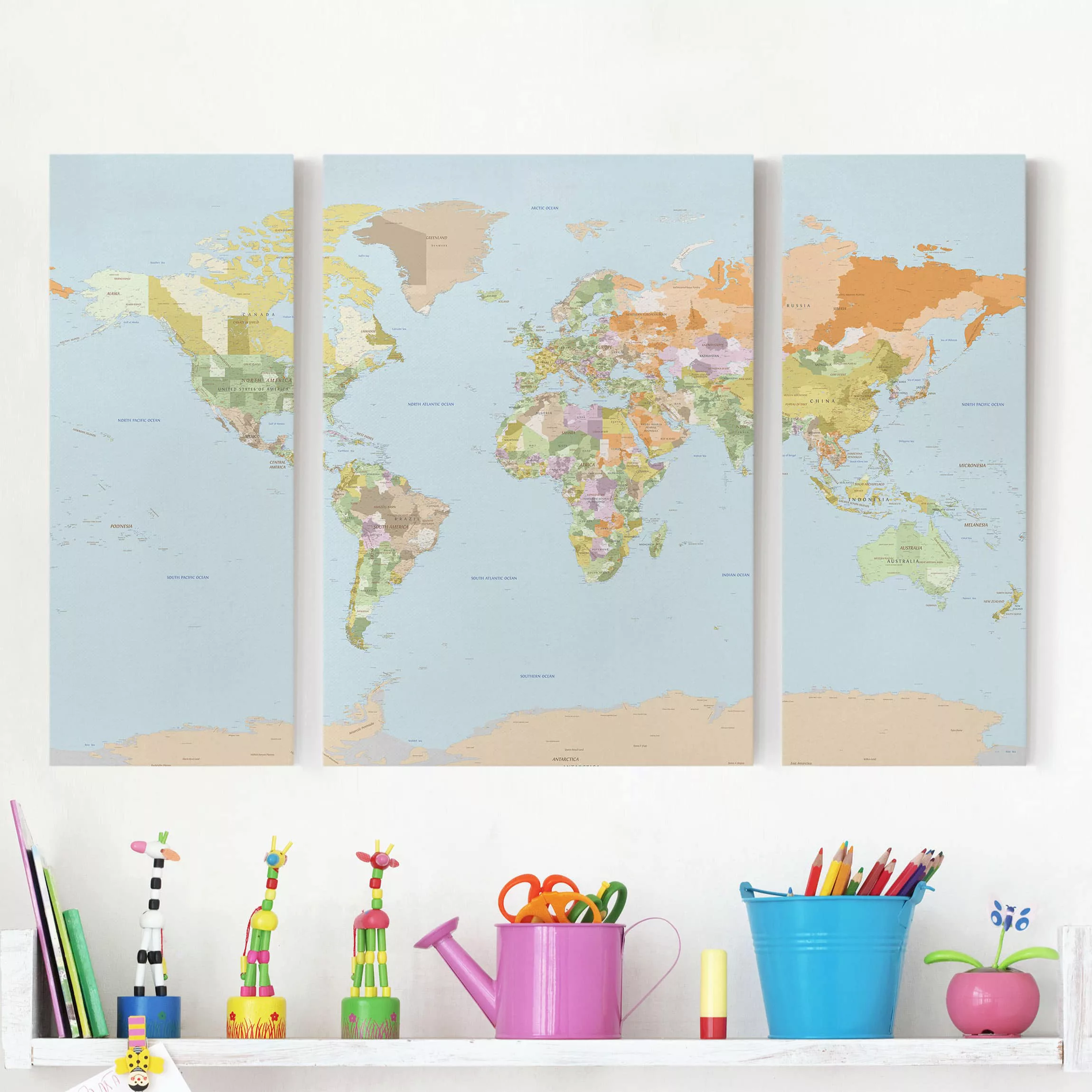 3-teiliges Leinwandbild Weltkarte - Querformat Politische Weltkarte günstig online kaufen