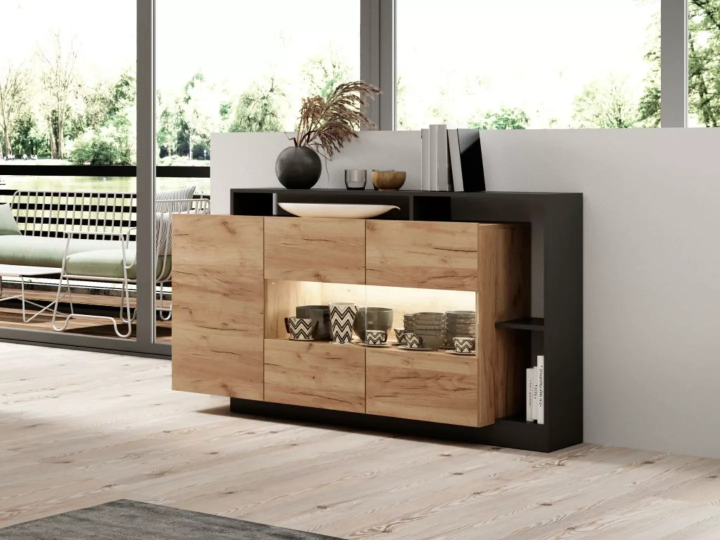 Sideboard mit 3 Türen & 3 Ablagen + LEDs - Anthrazit & Naturfarben - IDESIA günstig online kaufen