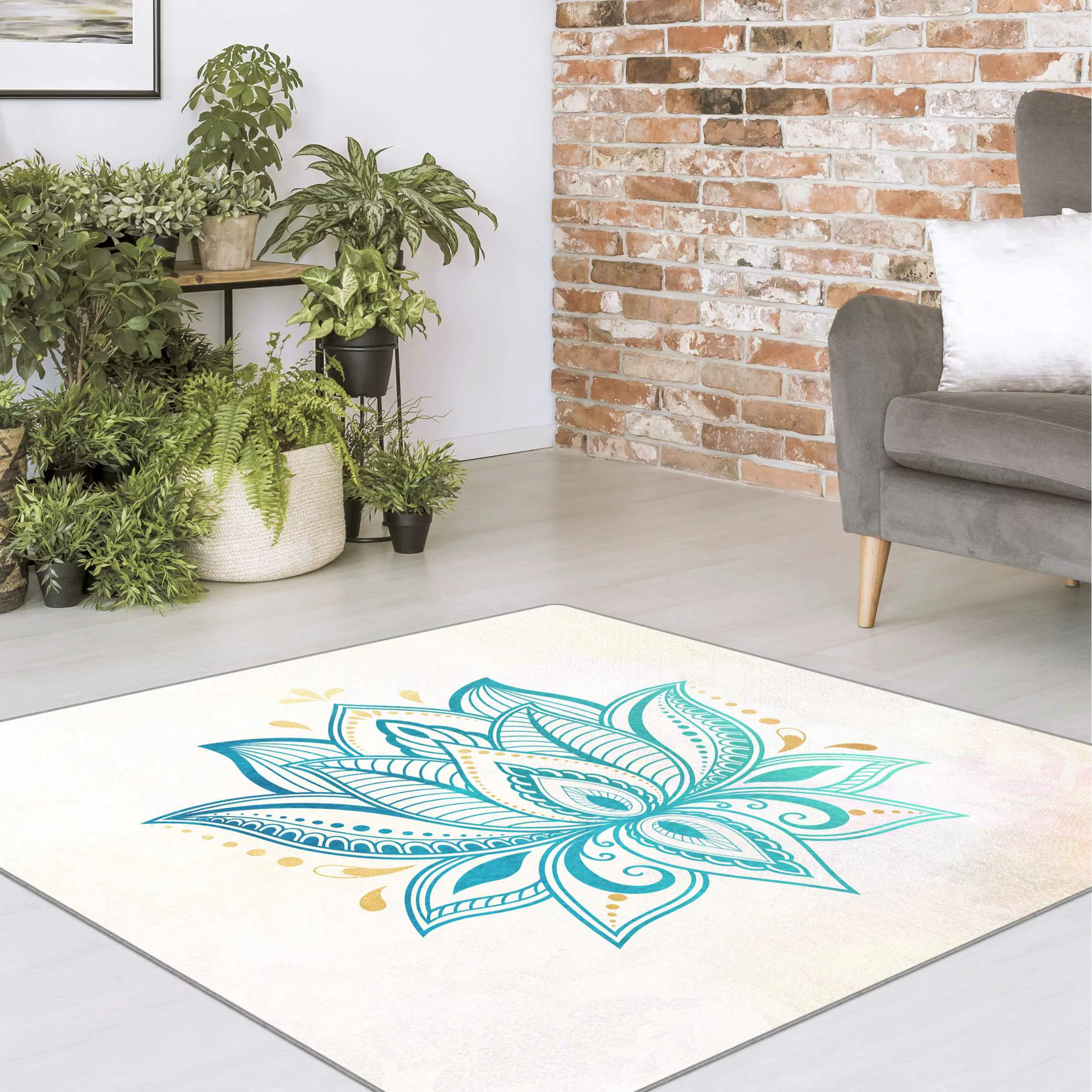 Teppich Lotus Illustration Mandala gold blau günstig online kaufen