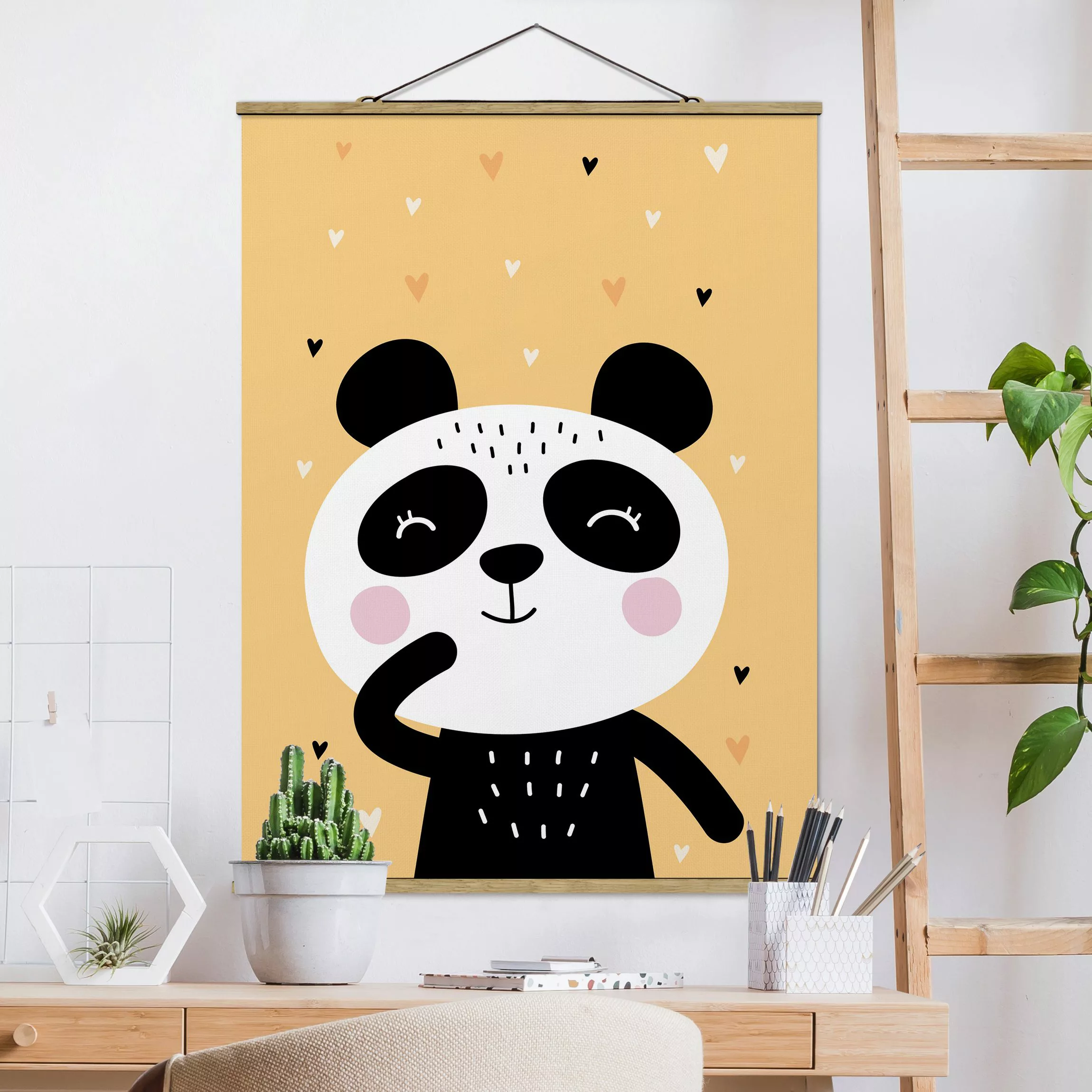 Stoffbild Tiere mit Posterleisten - Hochformat Der glückliche Panda günstig online kaufen