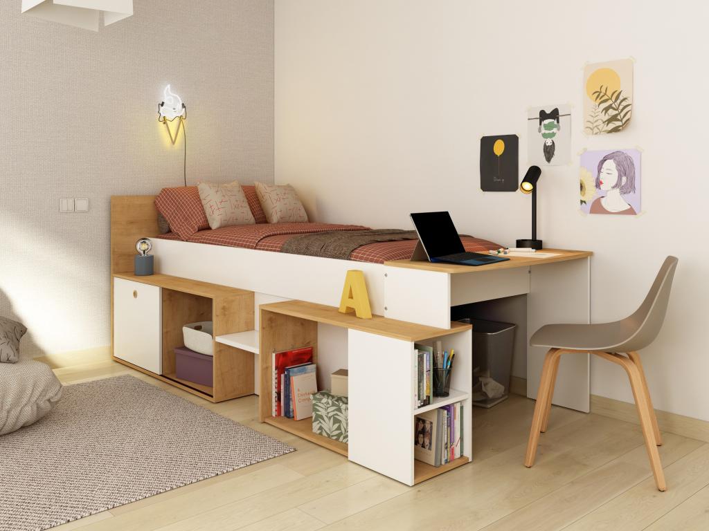 Kombibett 90 x 200 cm mit Schreibtisch & Stauraum - Weiß & Holzfarben - PAL günstig online kaufen