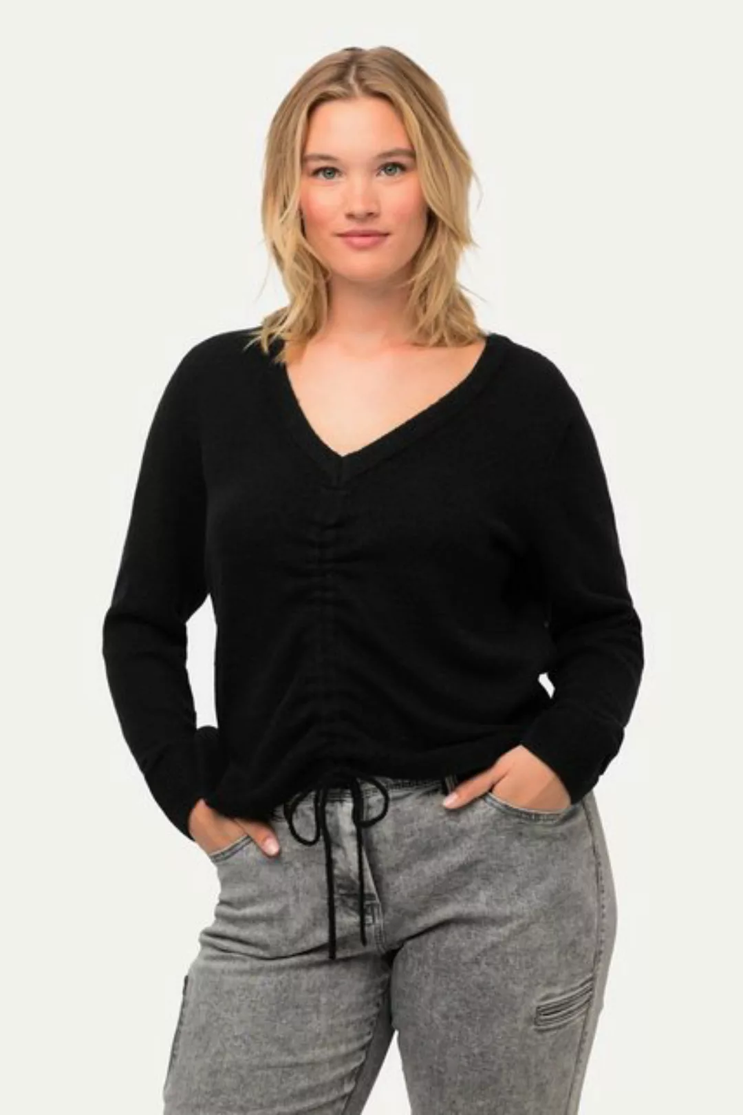 Ulla Popken Strickpullover Pullover Raffband V-Ausschnitt Langarm günstig online kaufen