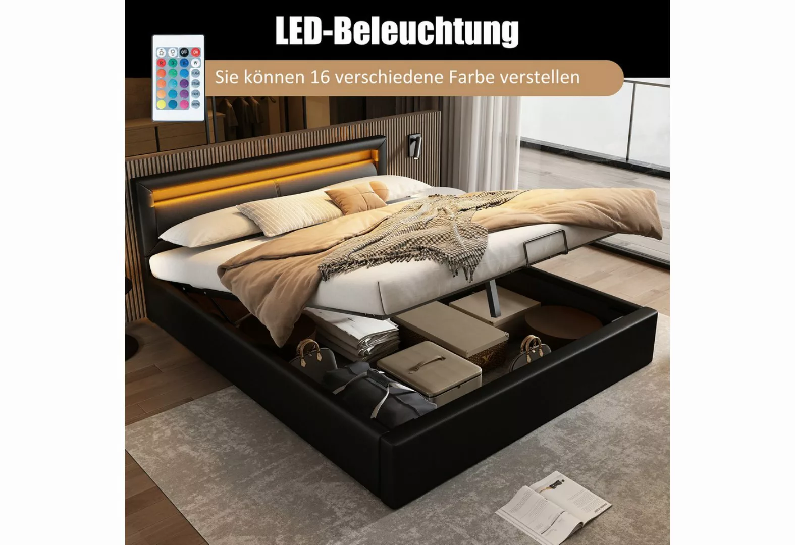 KoDise Polsterbett Bett 140*200cm Bettrahmen Doppelbett LED-Bett mit Latten günstig online kaufen