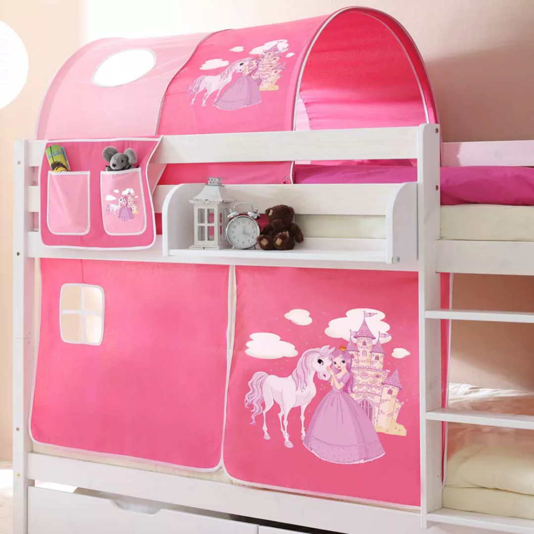 Kinderhochbett aus Kiefer Massivholz in Weiß Webstoff in Rosa und Pink günstig online kaufen