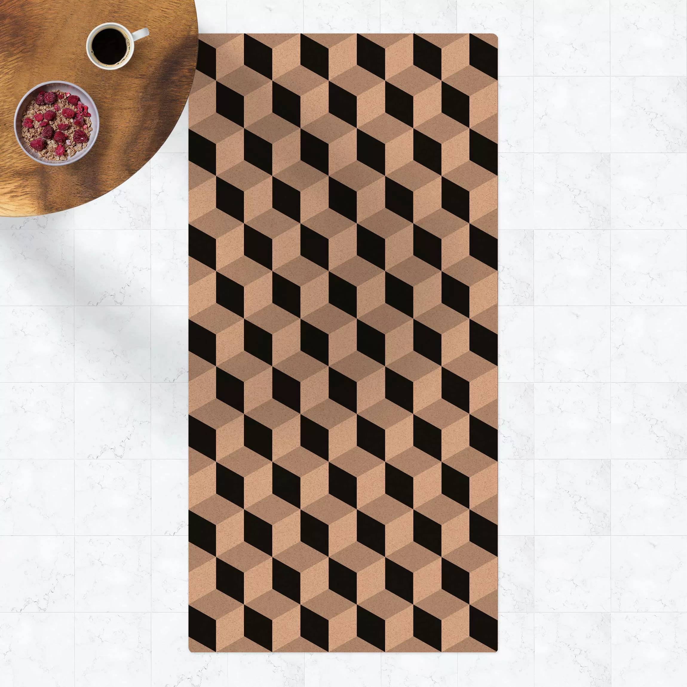 Kork-Teppich Geometrischer Fliesenmix Würfel Schwarz günstig online kaufen