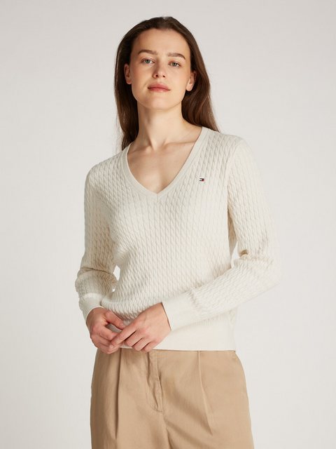 Tommy Hilfiger V-Ausschnitt-Pullover CO CABLE V-NK LS SWT mit Zopfmuster, L günstig online kaufen