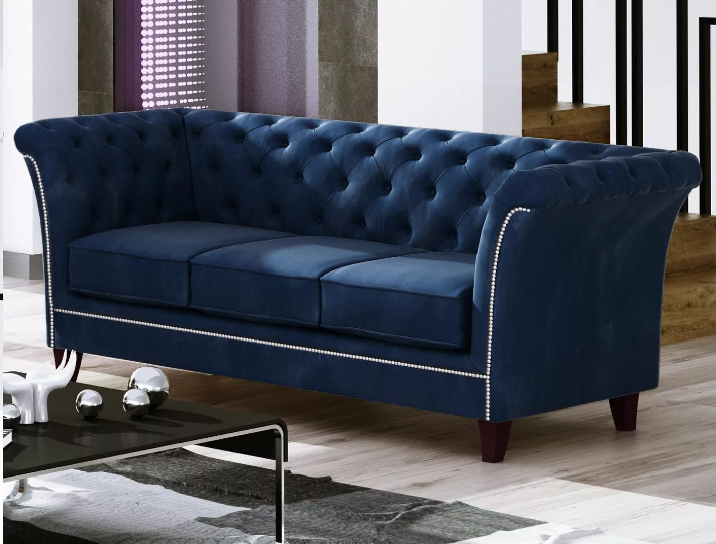 S-Style Möbel Chesterfield-Sofa 3-Sitzer Rainsburg aus Samt-Stoff mit Holzf günstig online kaufen