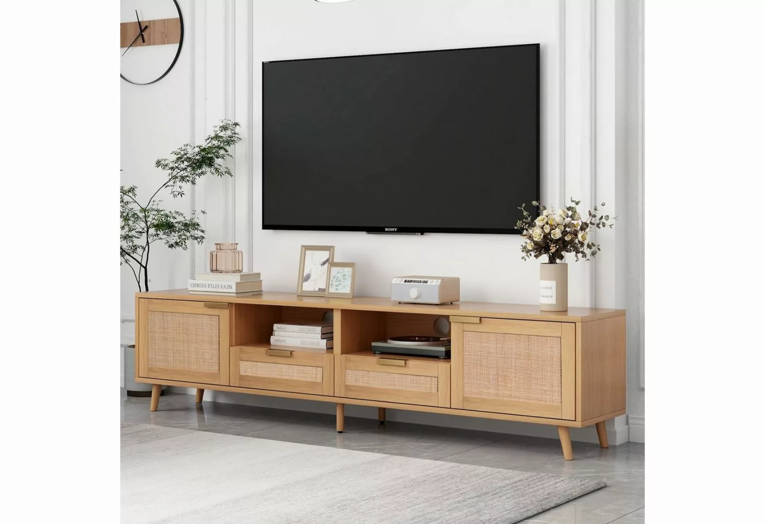 Odikalo TV-Schrank Holz-TV-Ständer mit Echtholzfüßen Rattandesign 200*37*49 günstig online kaufen