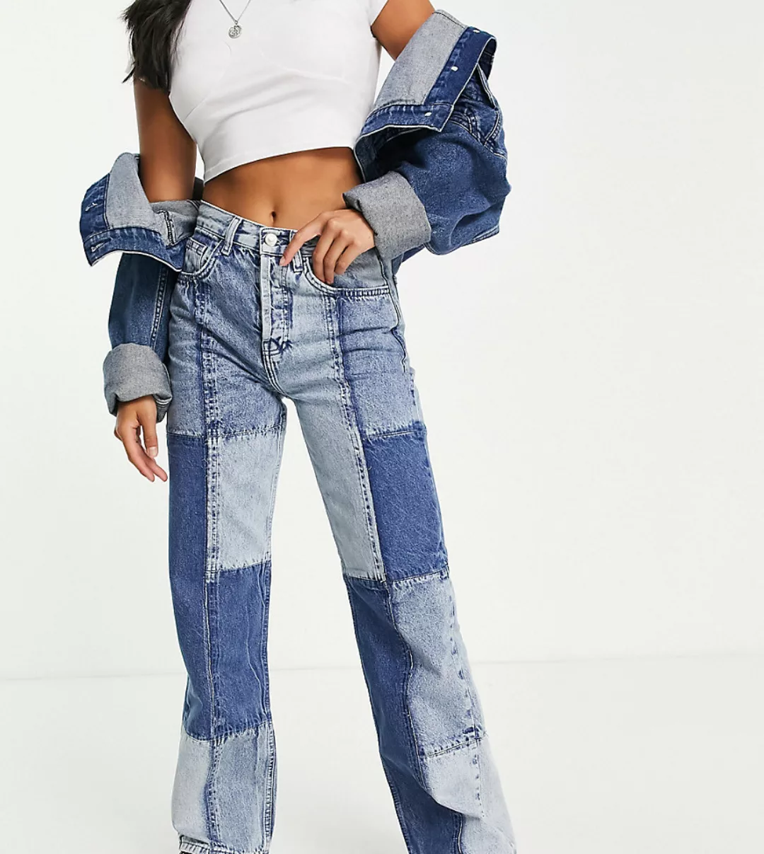 Topshop Petite – Gerade Jeans im Patchwork-Design im Stil der 90er-Schwarz günstig online kaufen