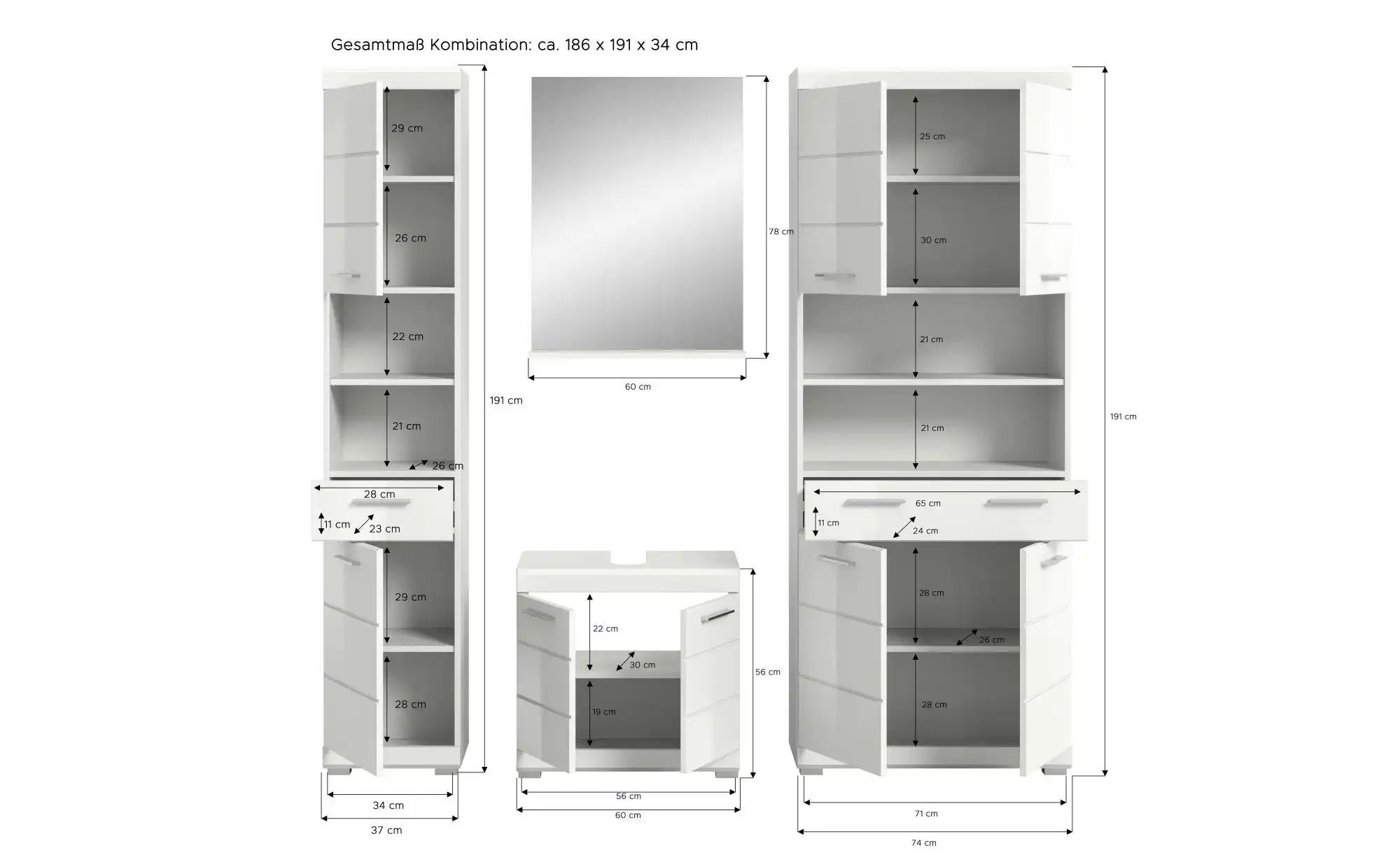 Badkombination  Schloonsee ¦ weiß ¦ Maße (cm): B: 186 H: 191 Schränke > Bad günstig online kaufen