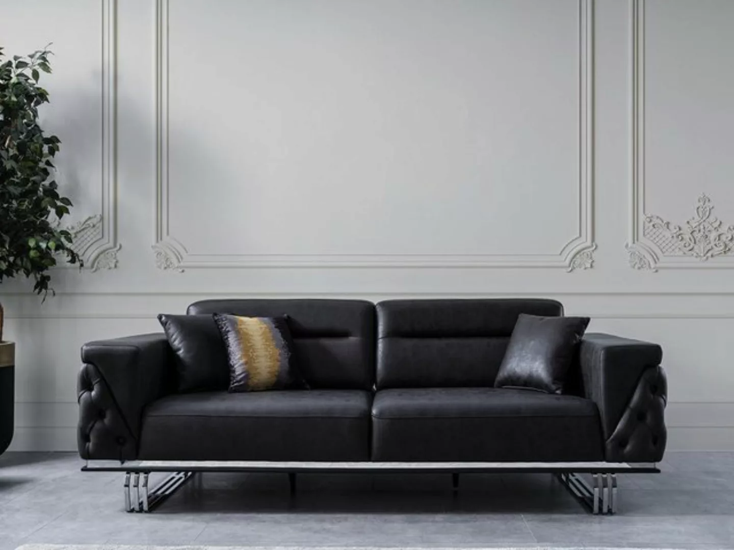 Xlmoebel Sofa Schwarzes Kunstleder-Sofa für drei Personen im Luxus-Wohnzimm günstig online kaufen