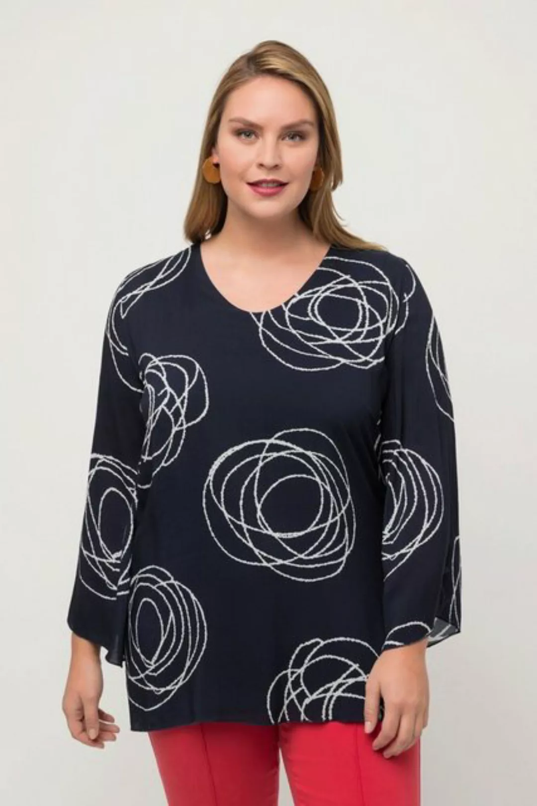 Ulla Popken Druckbluse Shirtbluse doppellagig Scribbles V-Ausschnitt günstig online kaufen