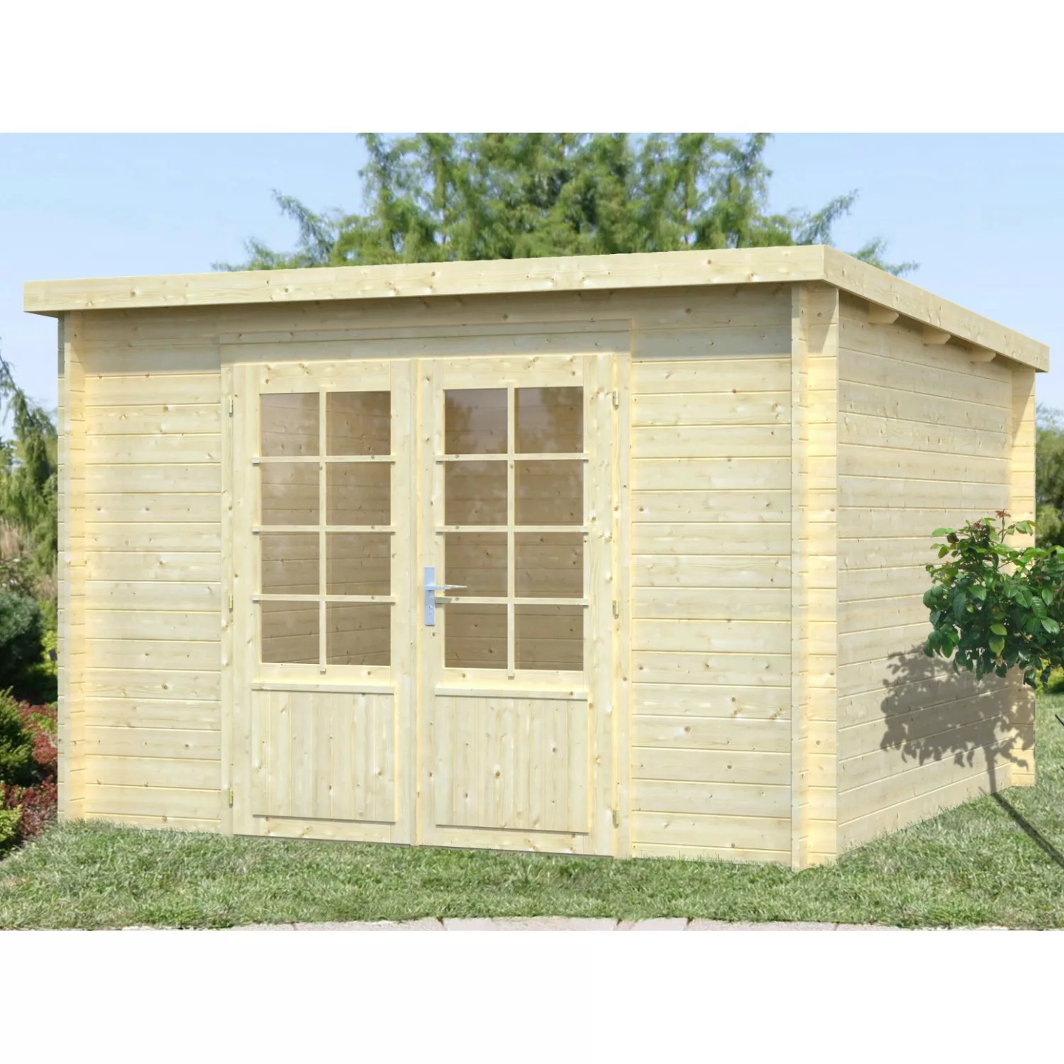 Palmako Ella Holz-Gartenhaus Hellbraun Flachdach Tauchgrundiert 300 cm x 30 günstig online kaufen