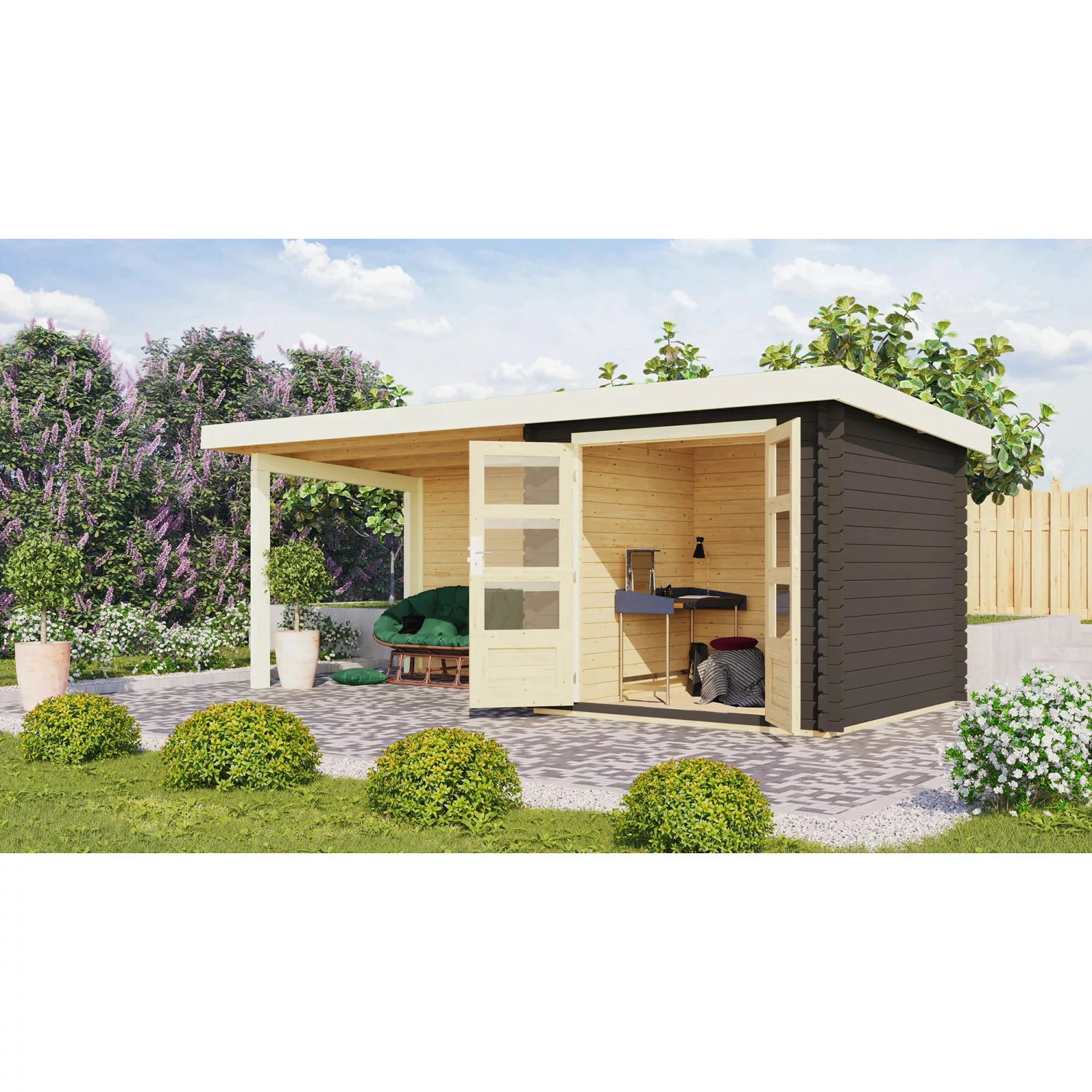 Karibu Gartenhaus Ängelholm 2 Terragrau 237 cm x 237 cm mit Anbaudach + Rüc günstig online kaufen