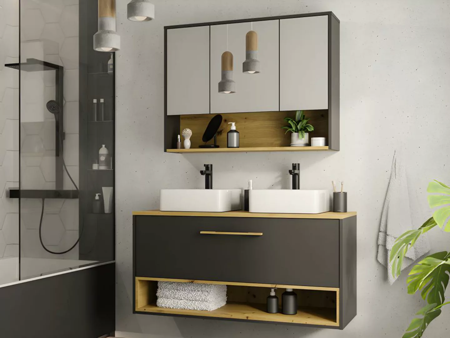 Waschbeckenunterschrank hängend mit Doppelwaschbecken & Spiegelschrank - 12 günstig online kaufen