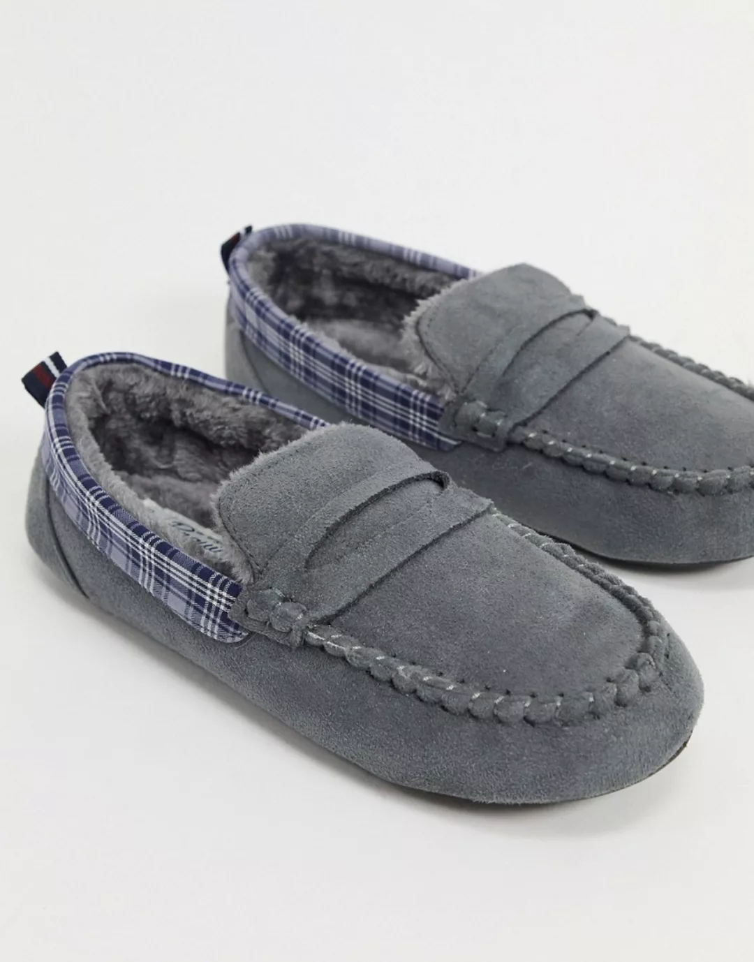 Original Penguin – Mokassin-Slipper in Grau mit kariertem Schaft günstig online kaufen