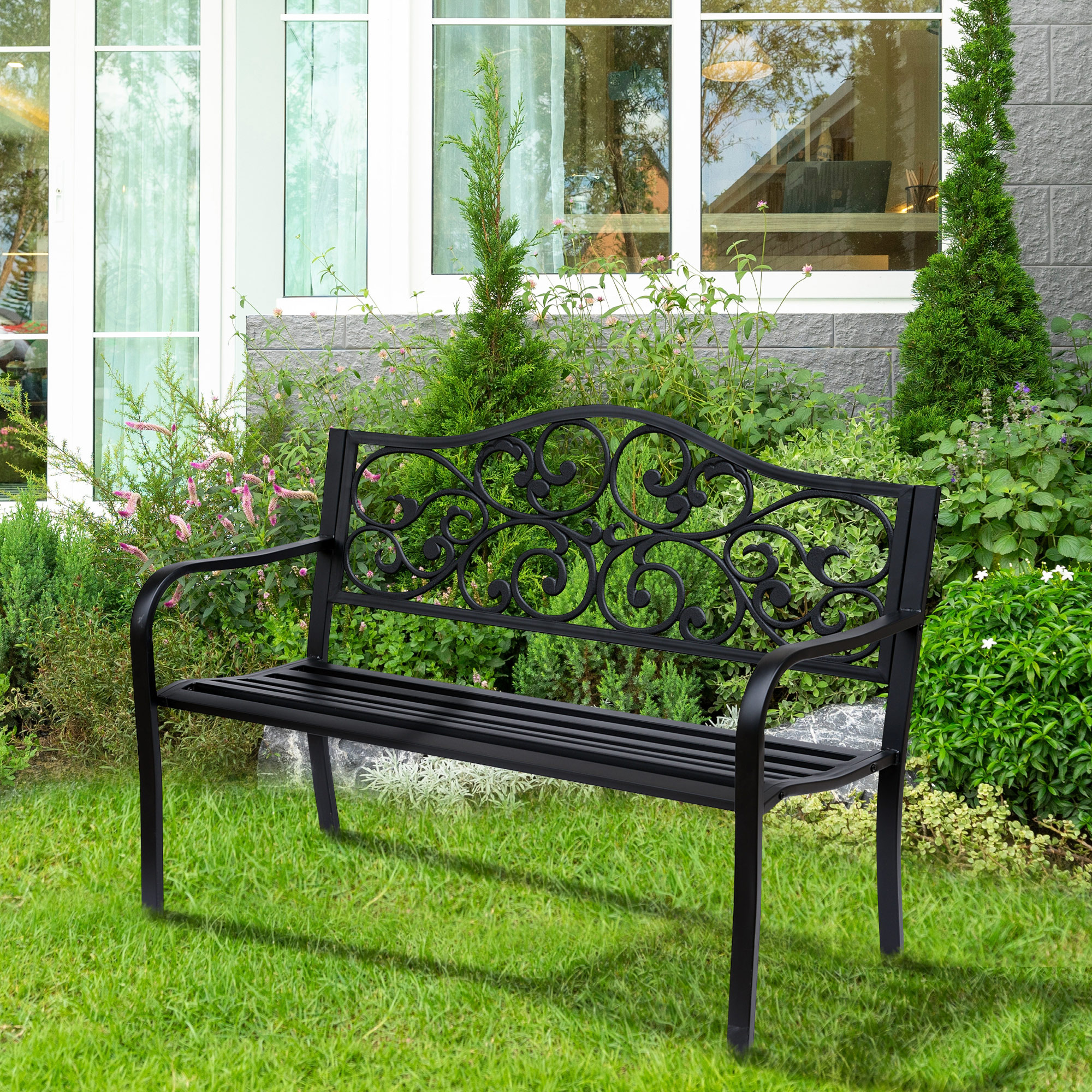 Outsunny Gartenbank 3-Sitzer Stahlbank mit Armlehnen aus Gusseisen Schwarz günstig online kaufen