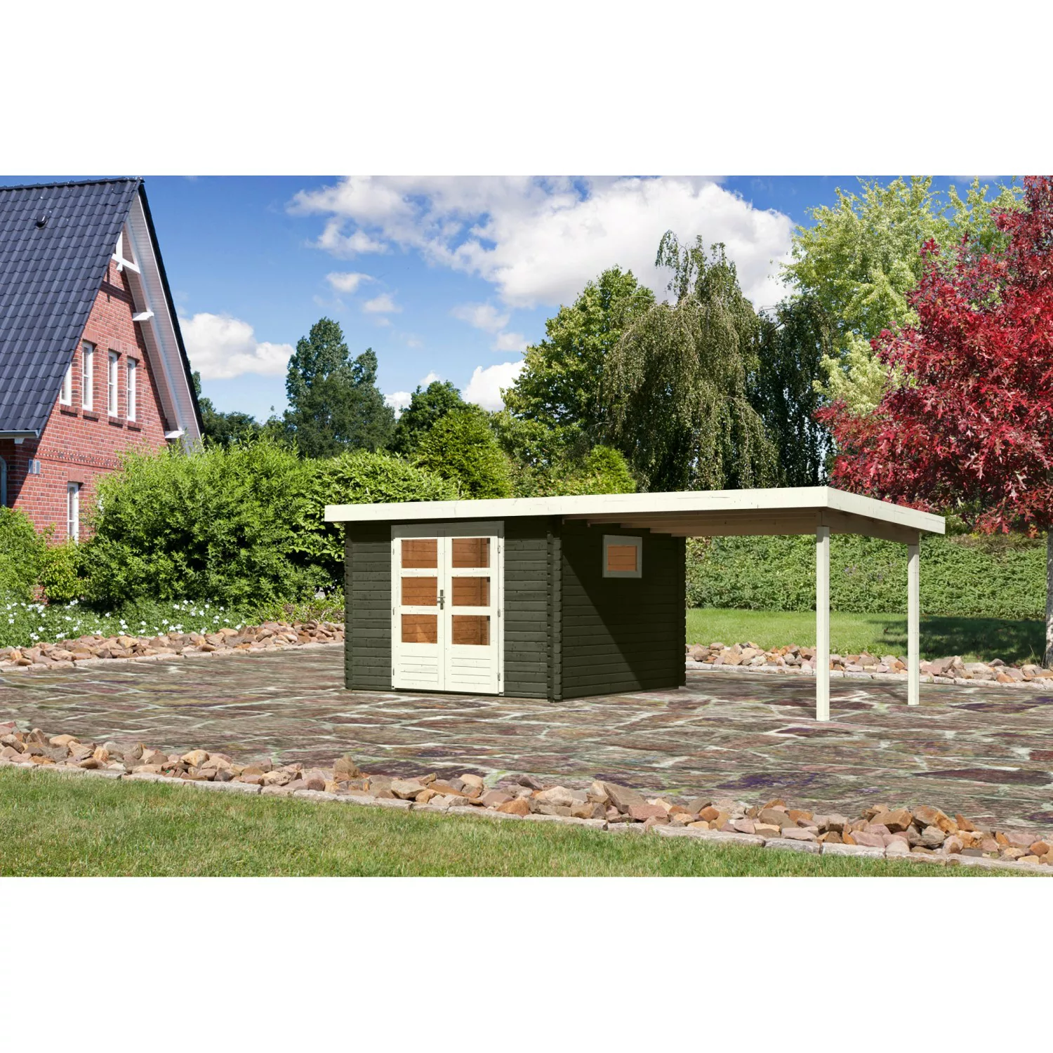 Karibu Gartenhaus Jeebel 3 Terragrau 580,5 cm x 297 cm mit Anbaudach günstig online kaufen