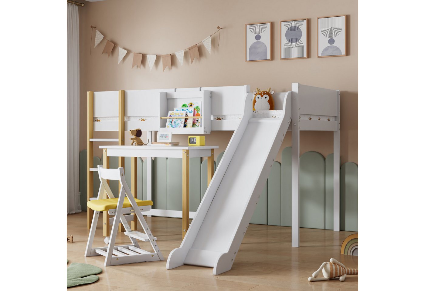 FUROKOY Hochbett Kinderbett 90x200cm und Fahrbarer Tisch,Bett mit Rutsche, günstig online kaufen