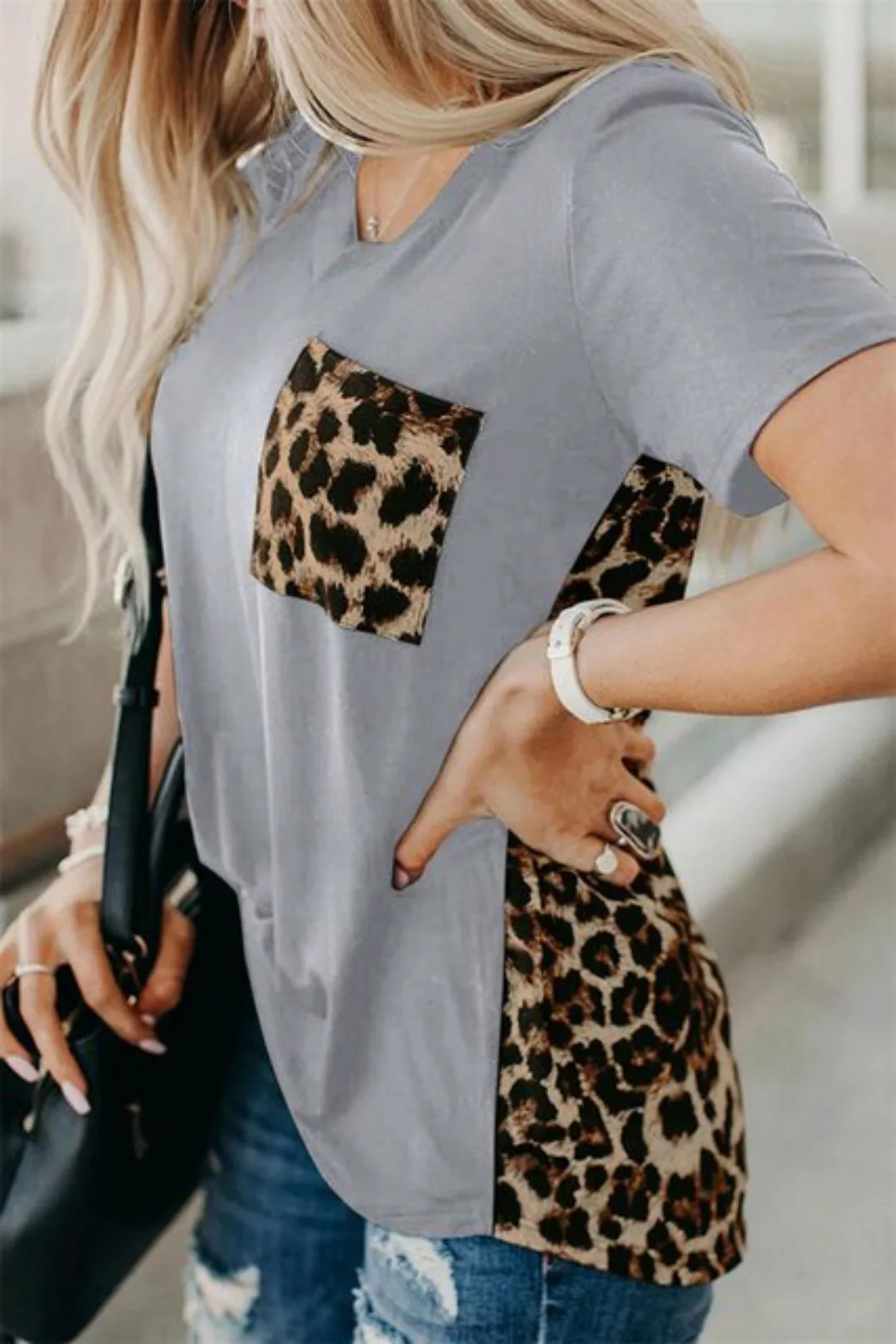 RUZU UG Hemdbluse Kurzarm-T-Shirt für Damen mit Leopardenmuster (1-tlg) günstig online kaufen