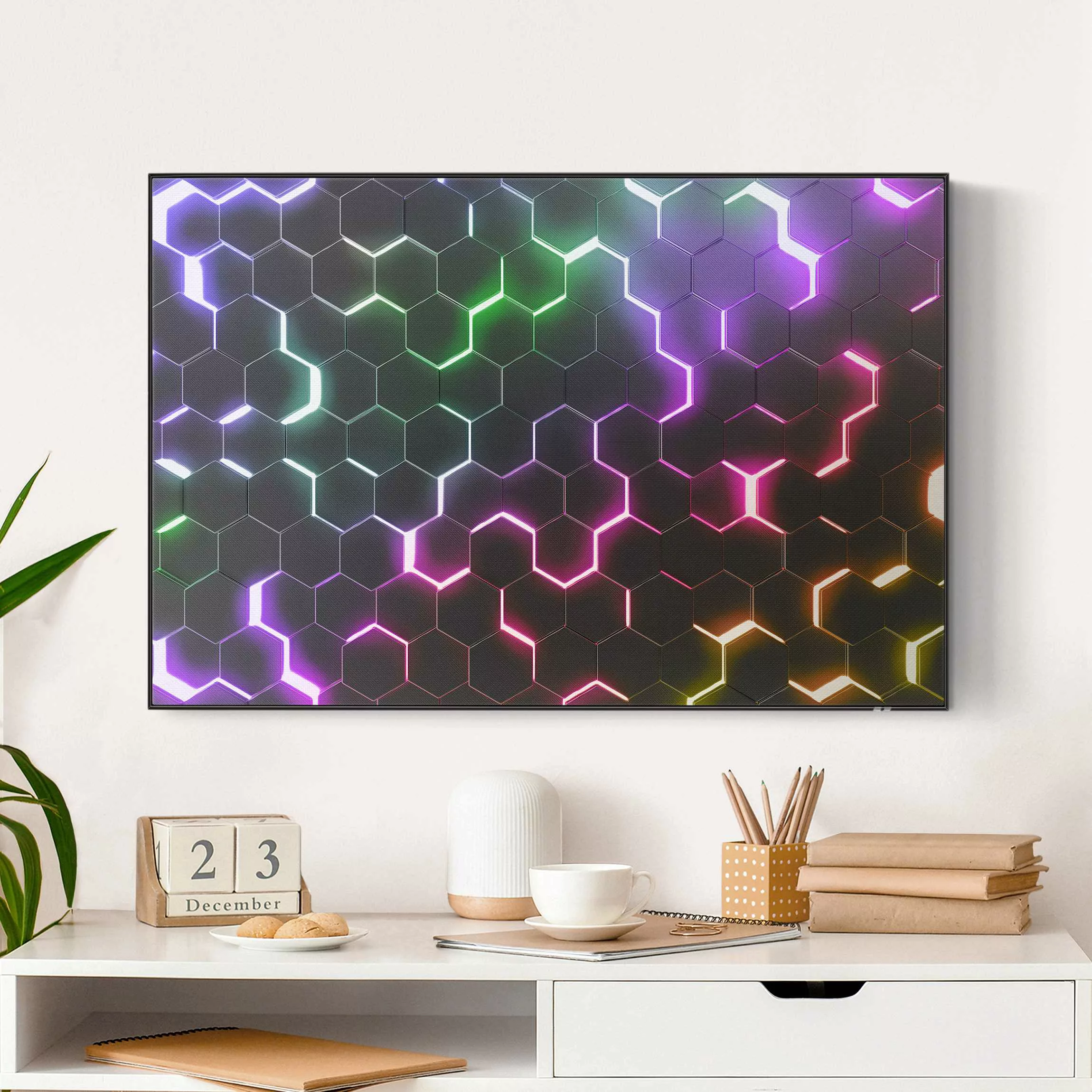 Akustik-Wechselbild Strukturierte Hexagone mit Neonlicht günstig online kaufen