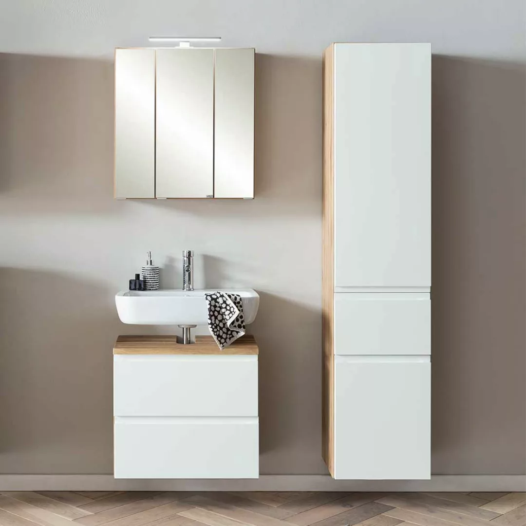 Badezimmermöbel Set modern in Wildeichefarben und Weiß LED Beleuchtung (dre günstig online kaufen