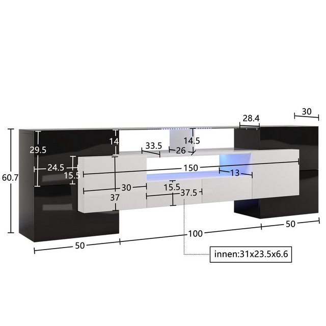 Odikalo TV-Schrank Sideboard Lowboard Hochglanz 200 LED Licht Glasoberfläch günstig online kaufen