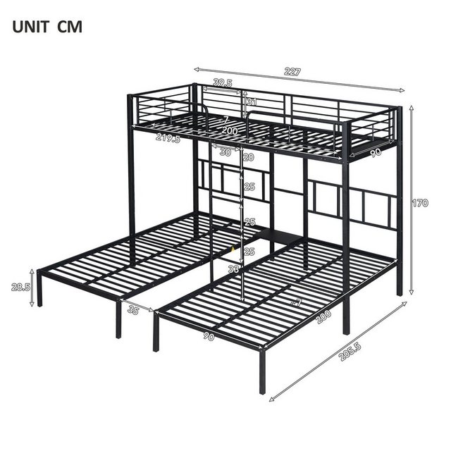 Flieks Etagenbett, Dreierbett Kinderbett Metallbett mit Leiter 90x200cm*3 günstig online kaufen