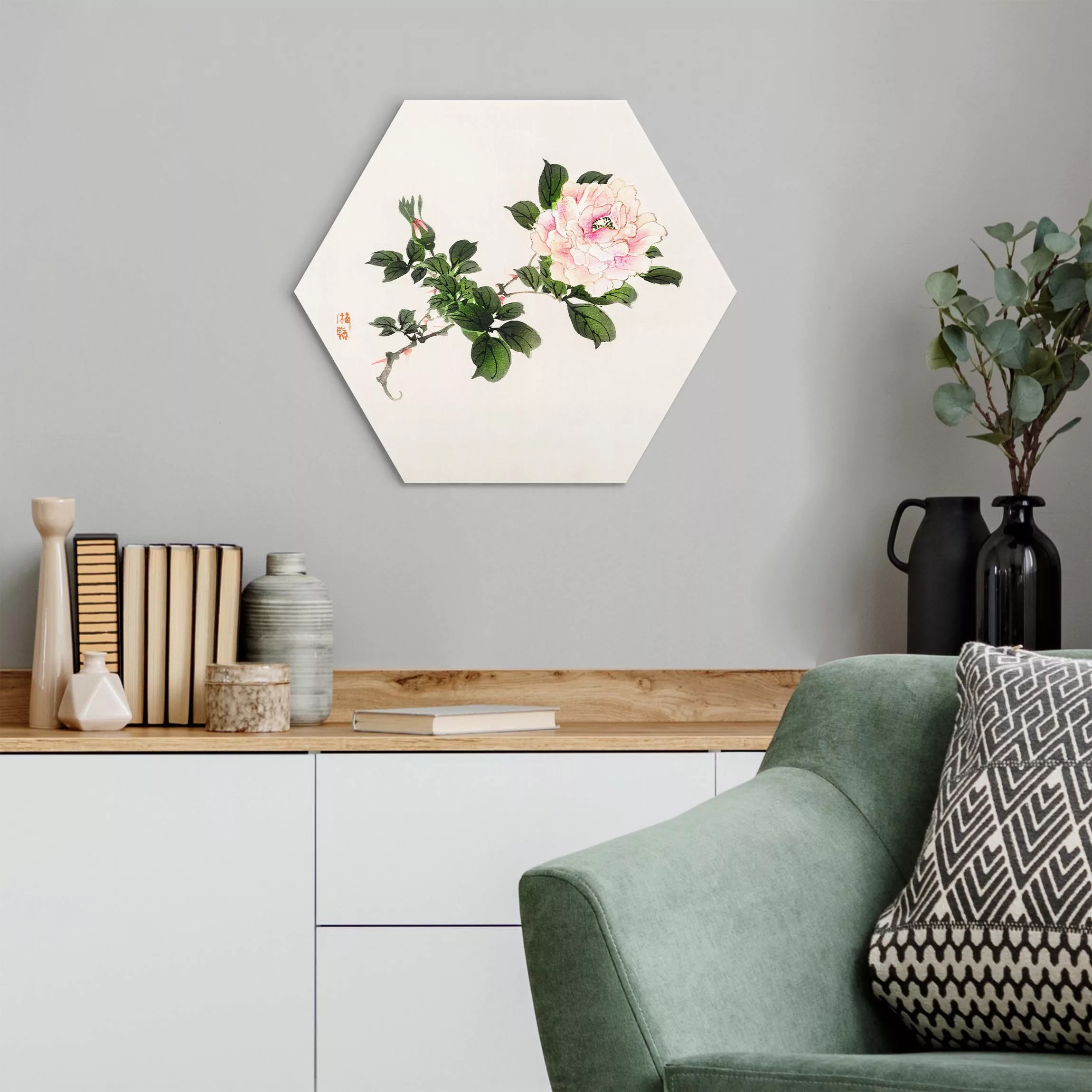 Hexagon-Alu-Dibond Bild Asiatische Vintage Zeichnung Rosa Rose günstig online kaufen