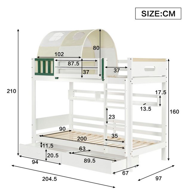 Flieks Etagenbett, Hausbett Kinderbett 90x200cm mit Zelt-Design und 2 Schub günstig online kaufen