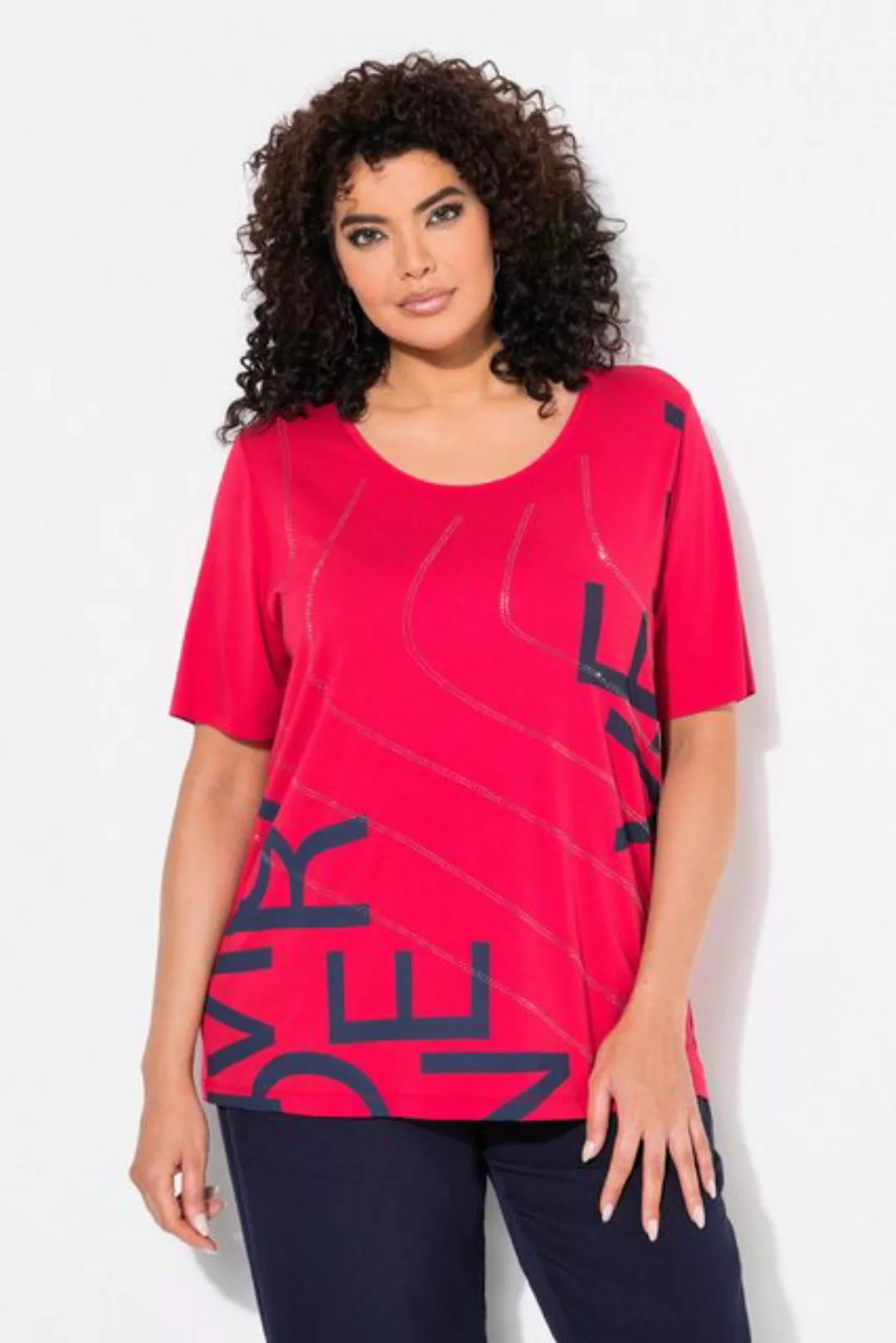 Ulla Popken T-Shirt Shirt Glitzer-Schriftzüge Oversized Rundhals günstig online kaufen