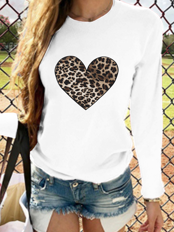 YOINS Weißes Leoparden-Herz-Print-Langarm-T-Shirt mit Rundhalsausschnitt günstig online kaufen