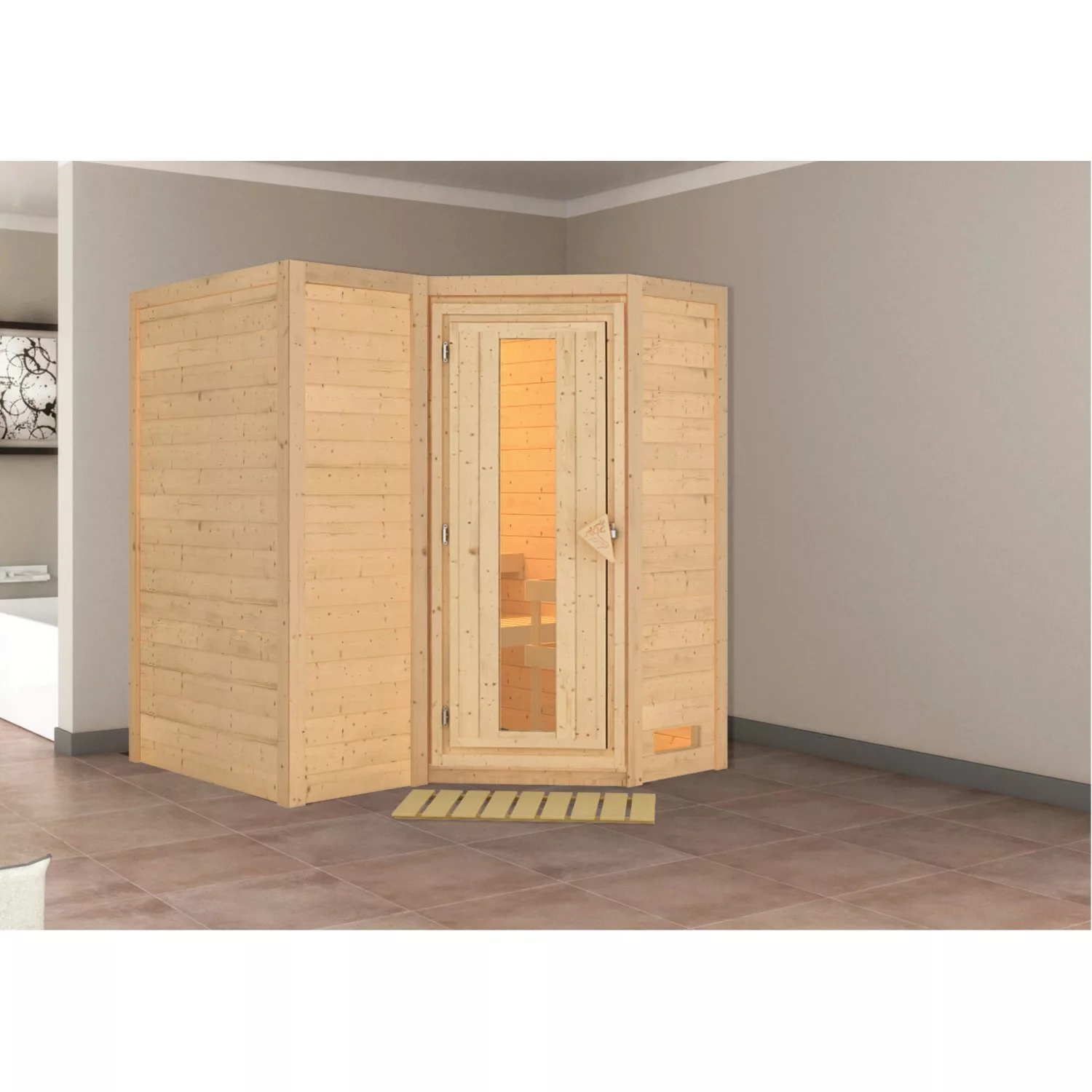 Woodfeeling Sauna Steena 1 mit Eckeinstieg und Energiespartür, naturbelasse günstig online kaufen