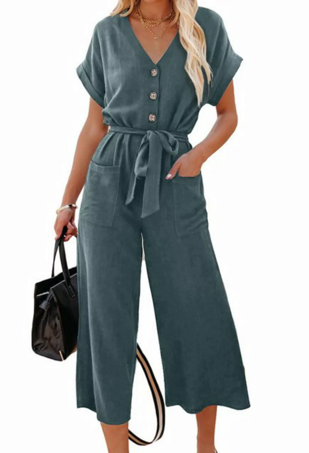 CHENIN 7/8-Overall Lässiger Jumpsuit mit schmaler Taille und V-Ausschnitt V günstig online kaufen