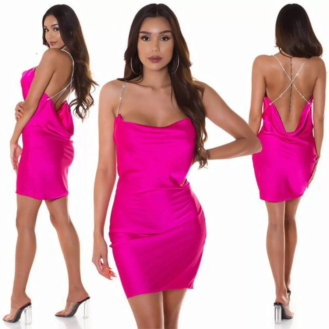 Koucla Satinkleid Mini Kleid pink Rückenfrei mit silber Strass Kette silber günstig online kaufen