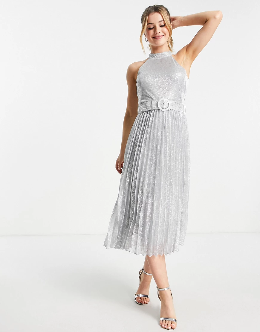 Style Cheat – Midikleid in Metallic-Grau mit plissiertem Rock und Gürtel günstig online kaufen