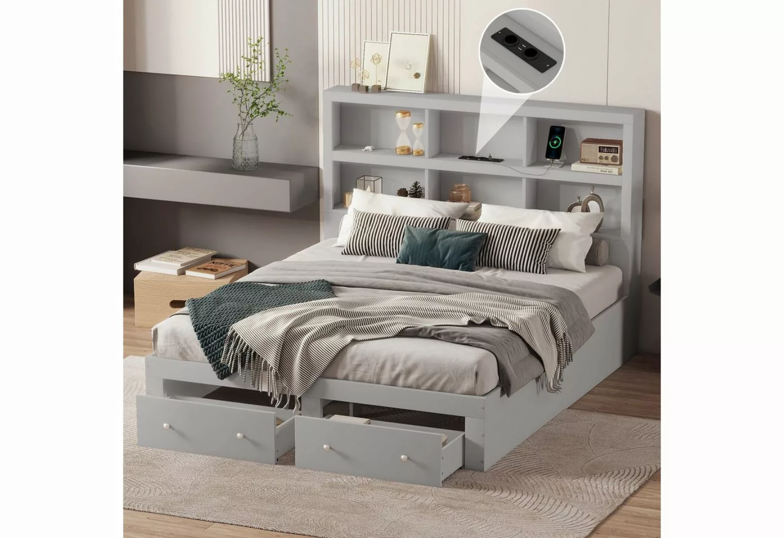 Flieks Holzbett, Doppelbett mit 2 Schubladen & USB Anschluss 160x200cm günstig online kaufen