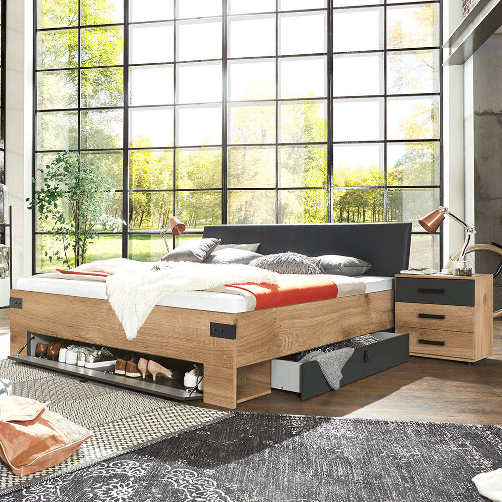 Schlafzimmer Set 3-teilig Liegefläche 180x200cm Eiche mit graphit Industria günstig online kaufen