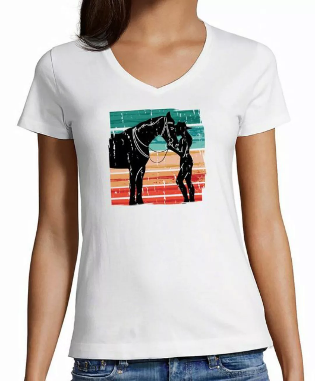 MyDesign24 T-Shirt Damen Pferde Print Shirt bedruckt - Pferd mit Frau V-Aus günstig online kaufen