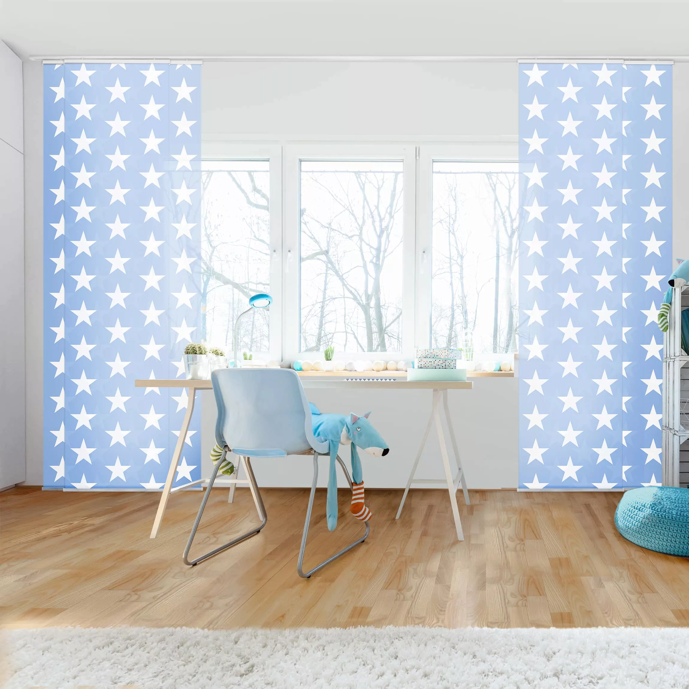 Schiebegardinen Set Kinderzimmer Weiße Sterne auf Blau günstig online kaufen