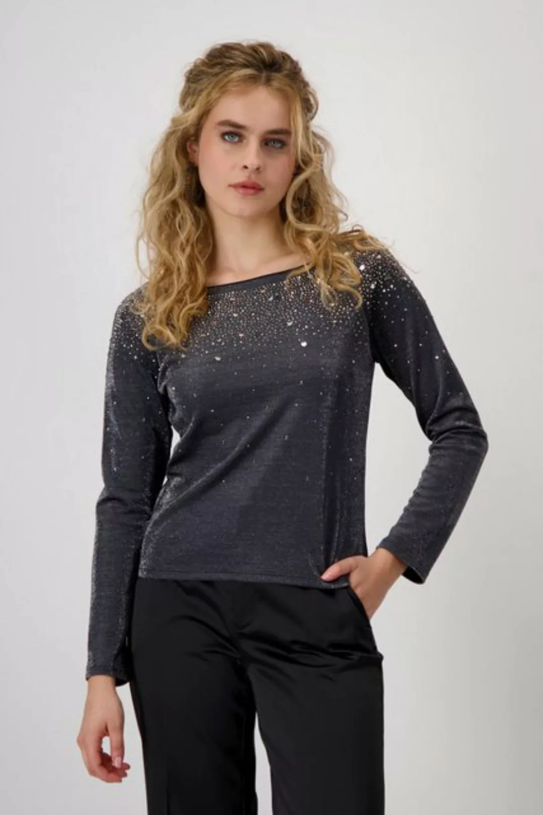 Monari Langarmshirt "Shirt Lurex + Schmuck", Metallic-Optik, Vorderseite mi günstig online kaufen