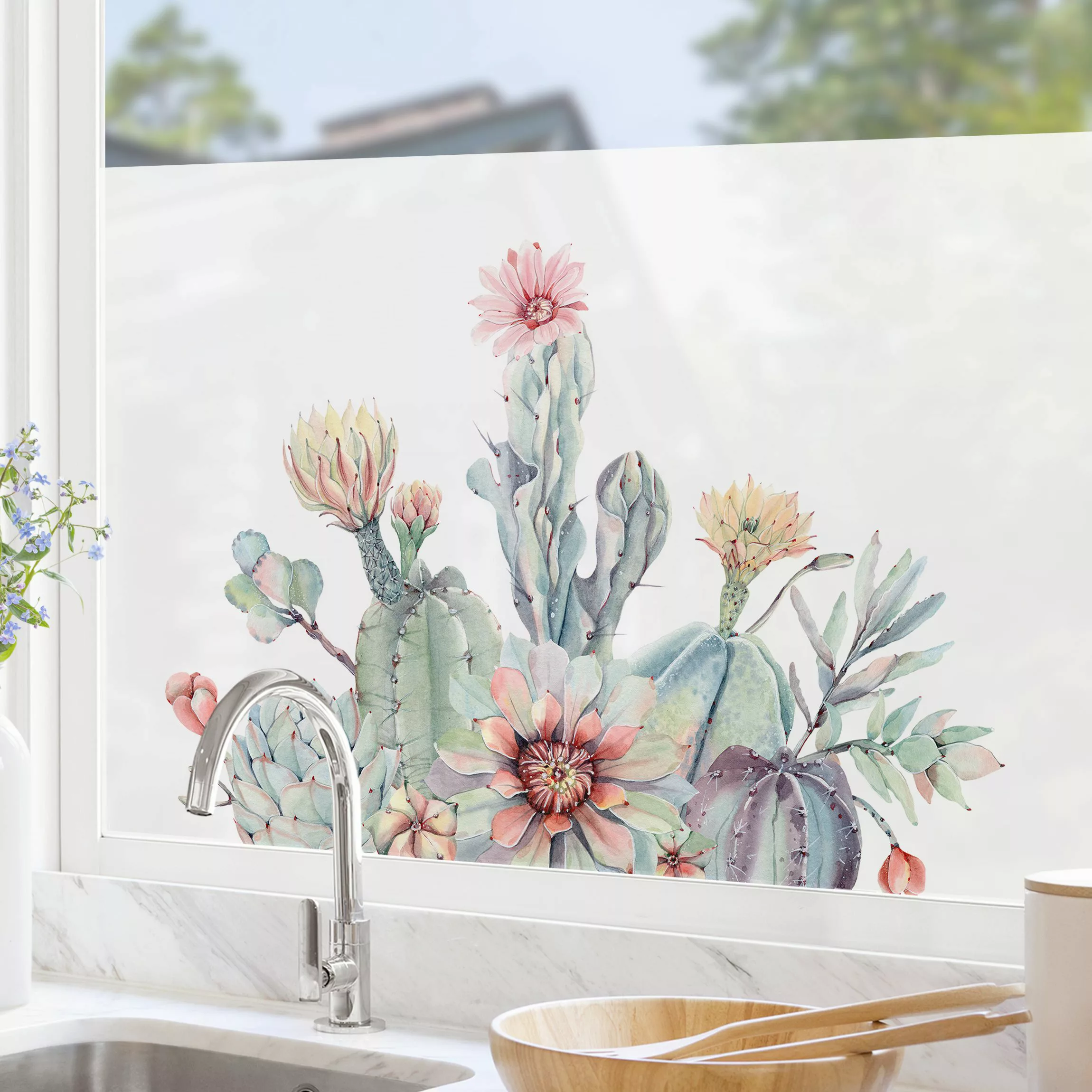 Fensterfolie Aquarell Kaktus Blüte Bouquet günstig online kaufen