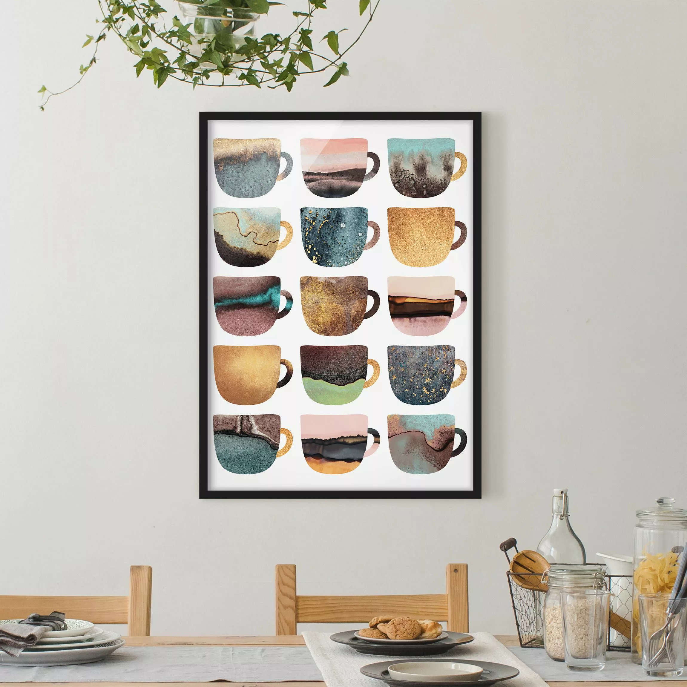 Bild mit Rahmen Küche - Hochformat Bunte Kaffeetassen mit Gold günstig online kaufen