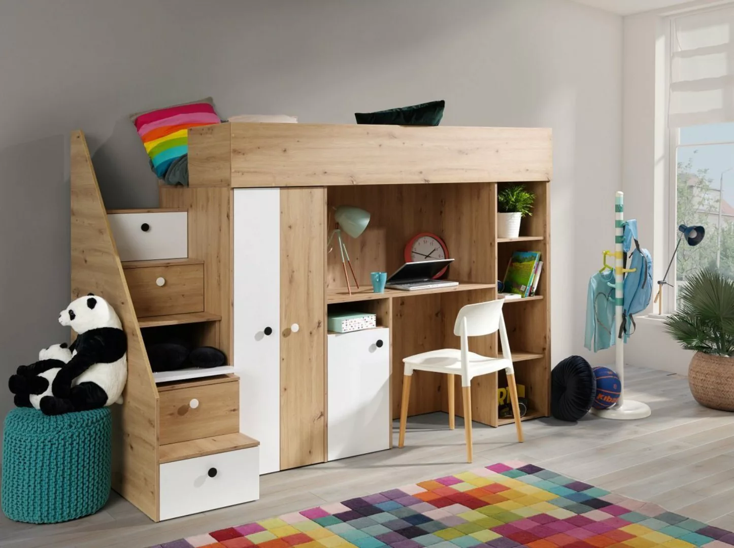 QMM TraumMöbel Hochbett SAM 14 mit Schreibtisch Schrank Regal und Treppe ei günstig online kaufen