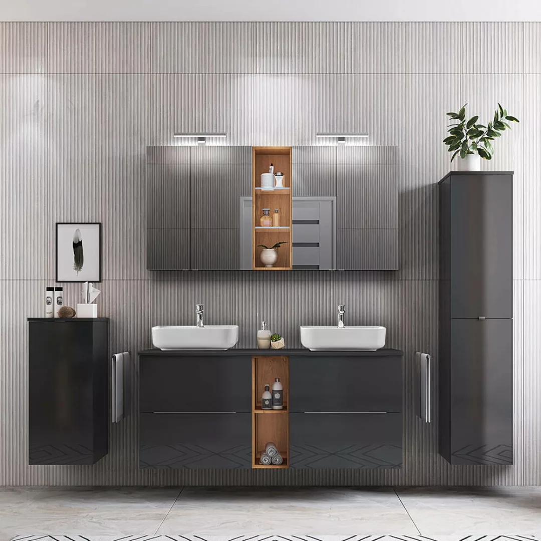 Badezimmermöbel Set mit Waschmaschinenschrank, Wotan Eiche Nb. und Hochglan günstig online kaufen