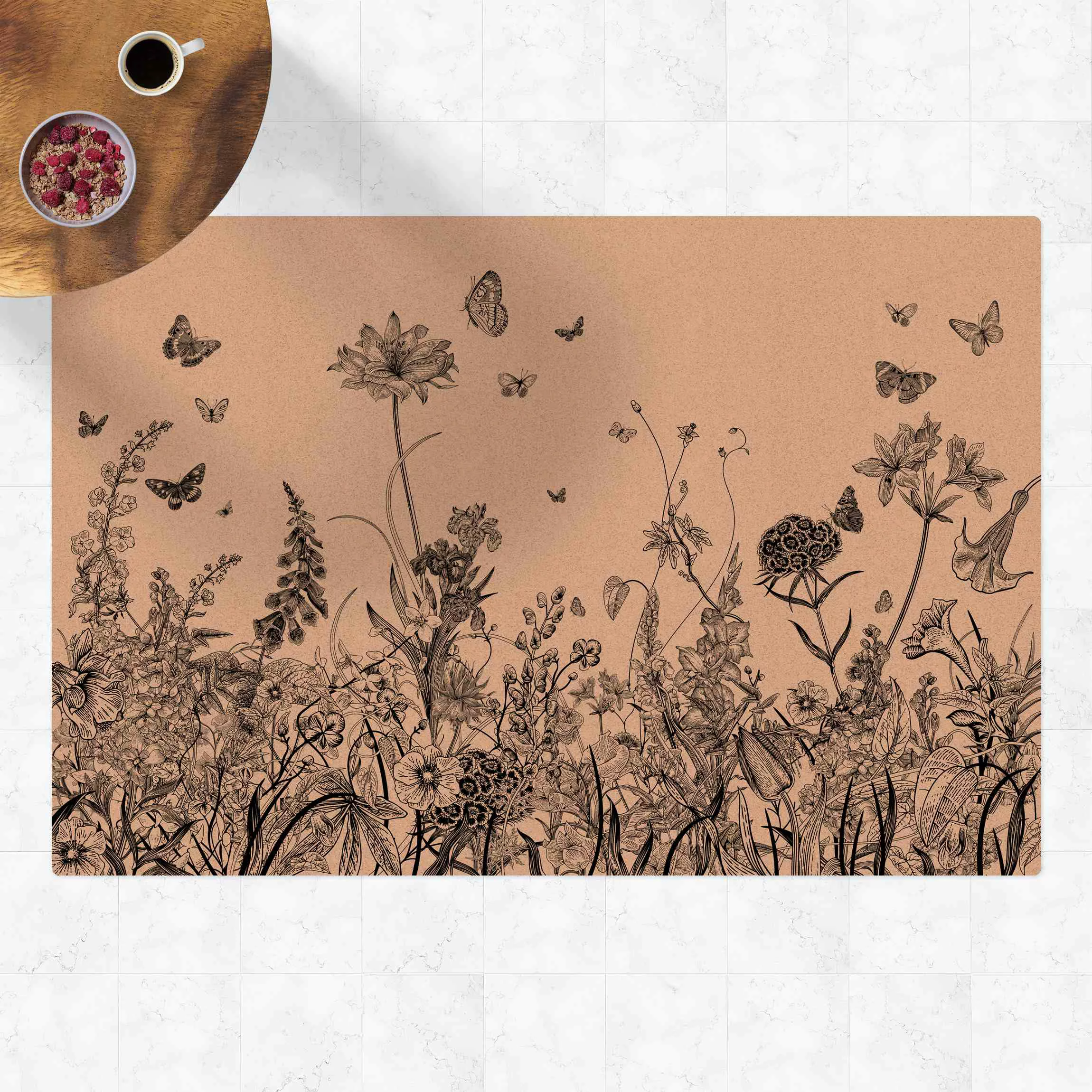 Kork-Teppich Große Blumen mit Schmetterlingen in Schwarz günstig online kaufen