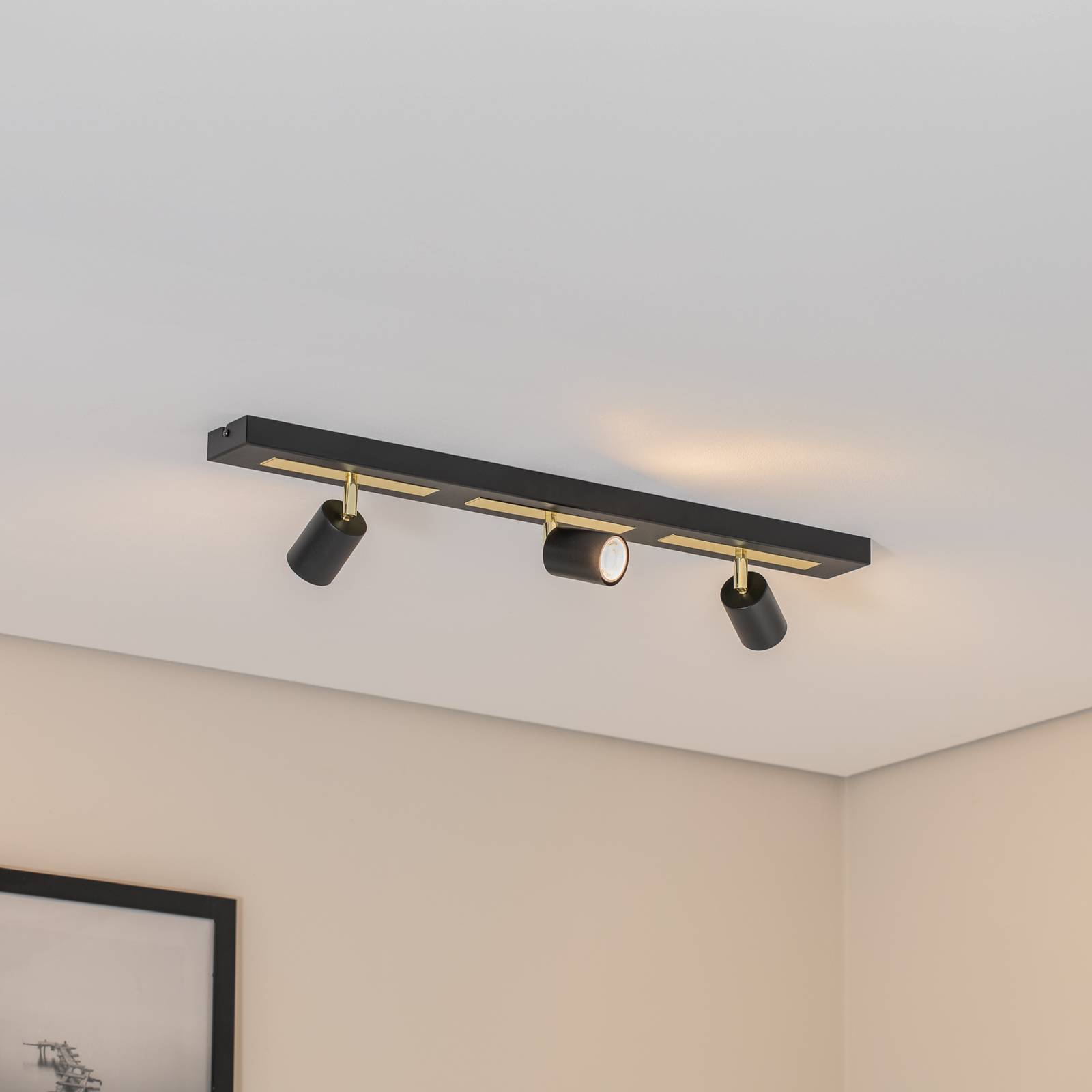 Deckenstrahler Rodez, schwarz/gold, Länge 80 cm, 3-flg. günstig online kaufen