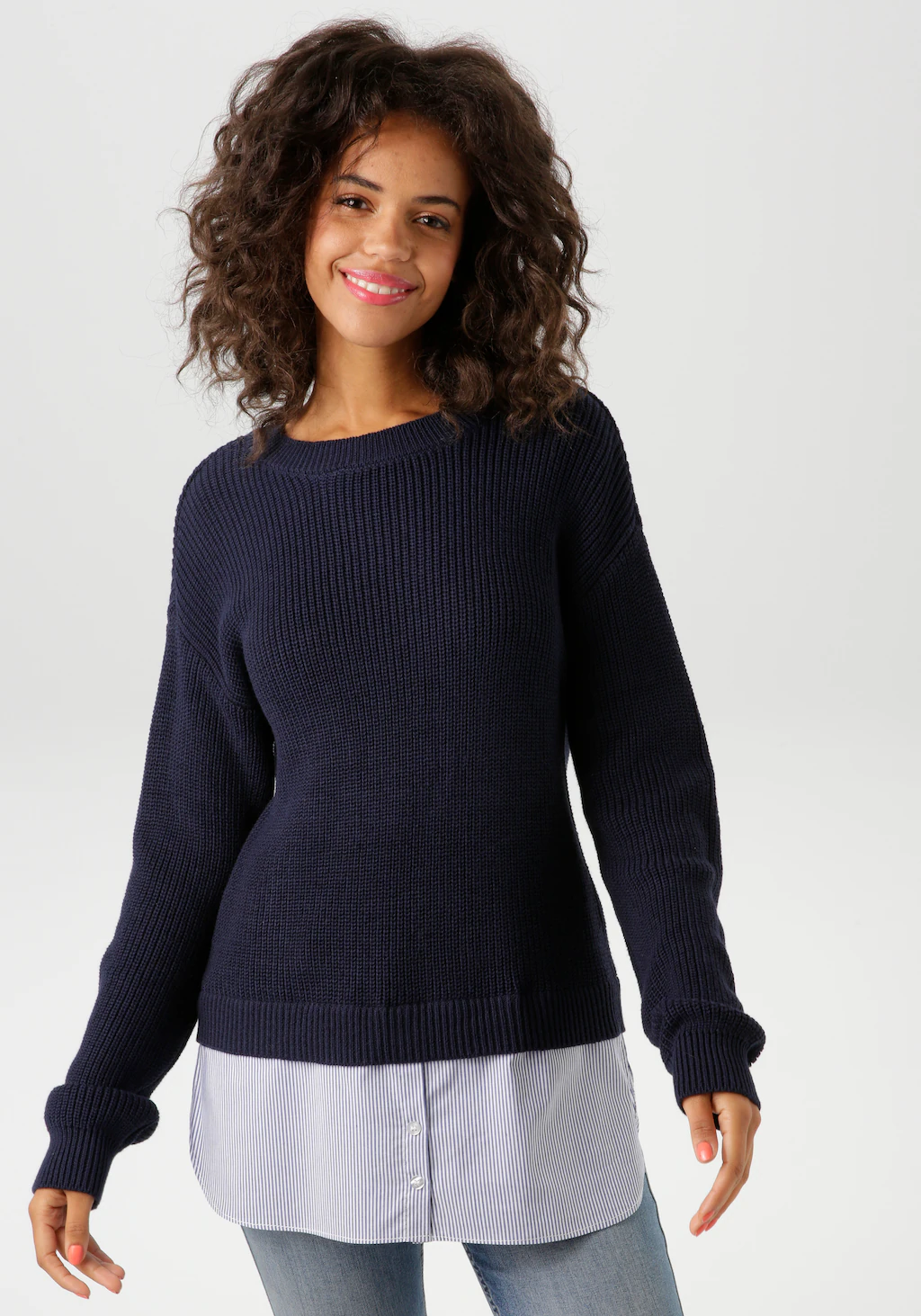 Aniston CASUAL Strickpullover, mit gestreiftem Bluseneinsatz am Saum - NEUE günstig online kaufen