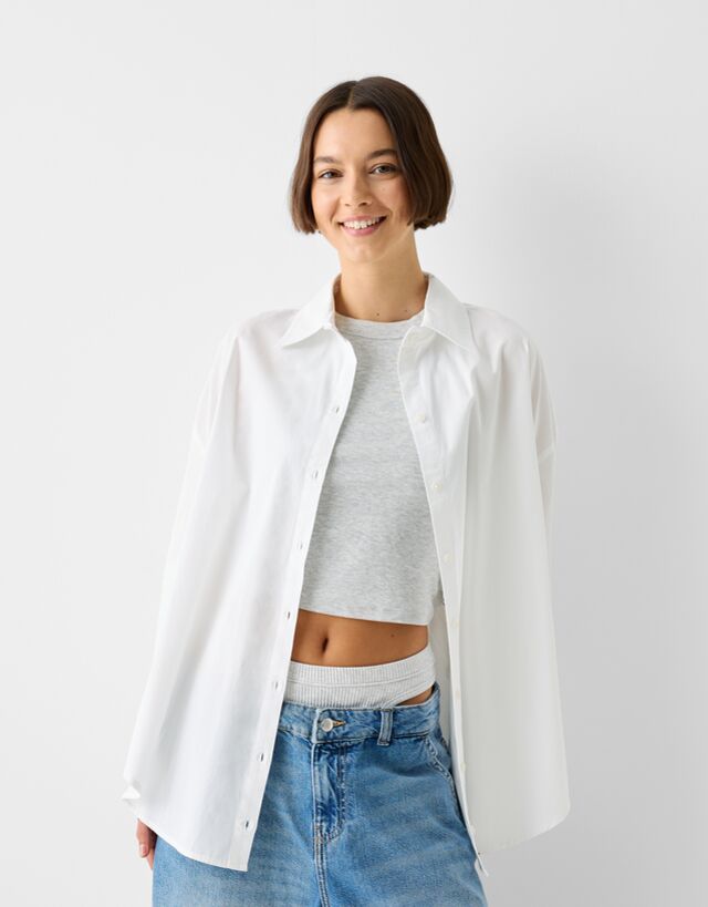 Bershka Oversize-Hemd Mit Ärmelaufschlag Damen Xs Weiss günstig online kaufen